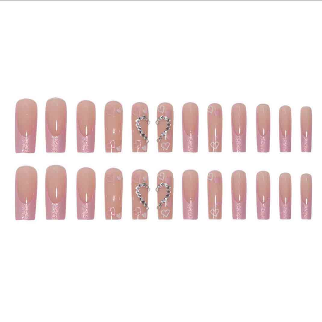 Foccna Long Press on Pink Square French Fake Nails - Full Cover Bling Acrylic False Rhinestone With LOVE Design for Women and Girls - 24PCS