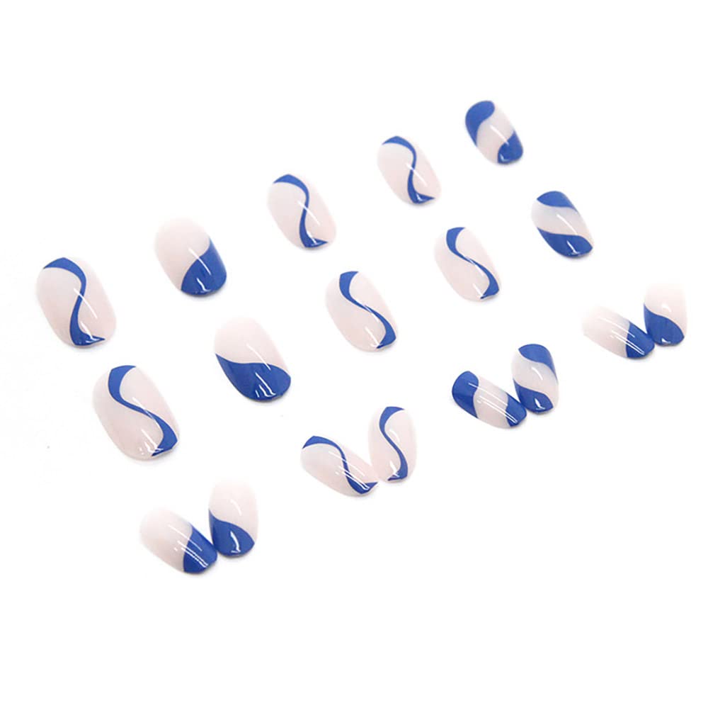 RikView French Tip Press on Nails Short Fake Nails Oval Blue Nails for Women with Swirls Design