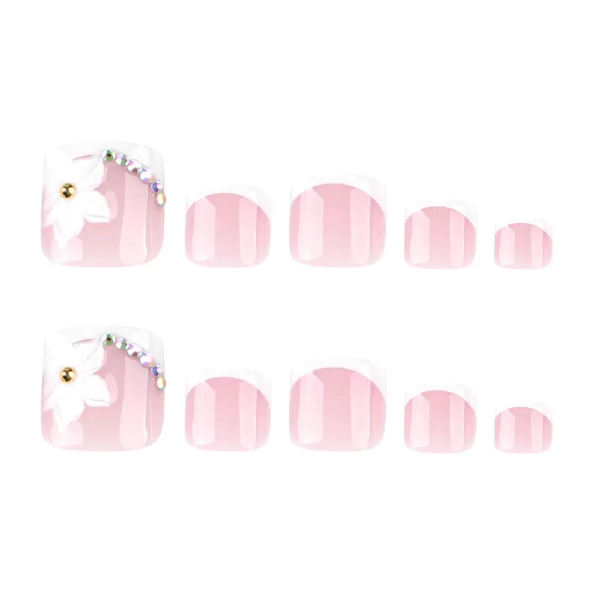 White French Tip Press on Toenails - Short Square Fake Toenails with Flwoer Design - Rhinestone, Summer Press on Toe Nails - for Women 24 Pcs