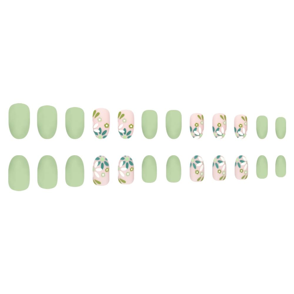 Almond Press on Nails Medium Fake Nails with Green Flower Design Glossy Full Cover Green False Nail Cute Floral Daisy Nail Press ons Reusable Spring Summer Acrylic Nail for Women Manicure 24Pcs