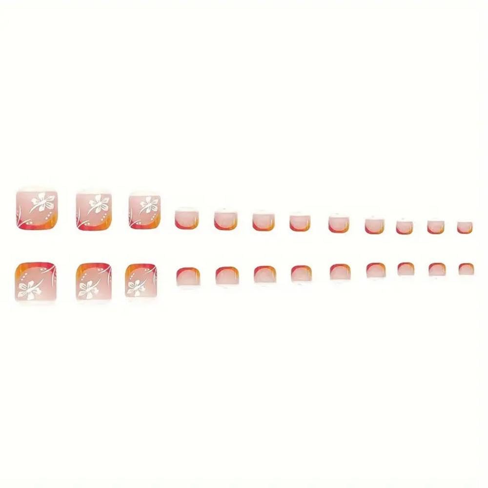 48Pcs Ombre Pink Orange French Tips Press on Nails Short Square Press on Toenails Long Square Stick on Nails with Flower Design Glossy Full Cover Fake Nails Summer False Toenails for Women Manicure