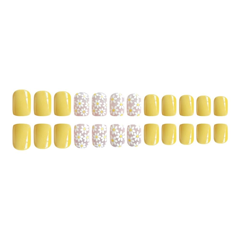 Flower Press on Nails Short Square Fake Nails with White Floral Design Glossy Yellow Glue on Nails Daisy Nails Press ons Reusable Full Cover Spring Summer Acrylic Nails for Women Manicure 24Pcs