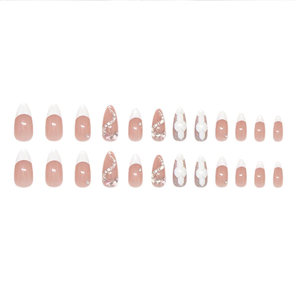 24Pcs French Tip Press on Nails Snake design Element Fake Nail Medium Almond False Nails Acrylic Full Cover Fake Nail Kit Glossy With Rhinestones Artificial Fale Nails For Women And Girls Manicure
