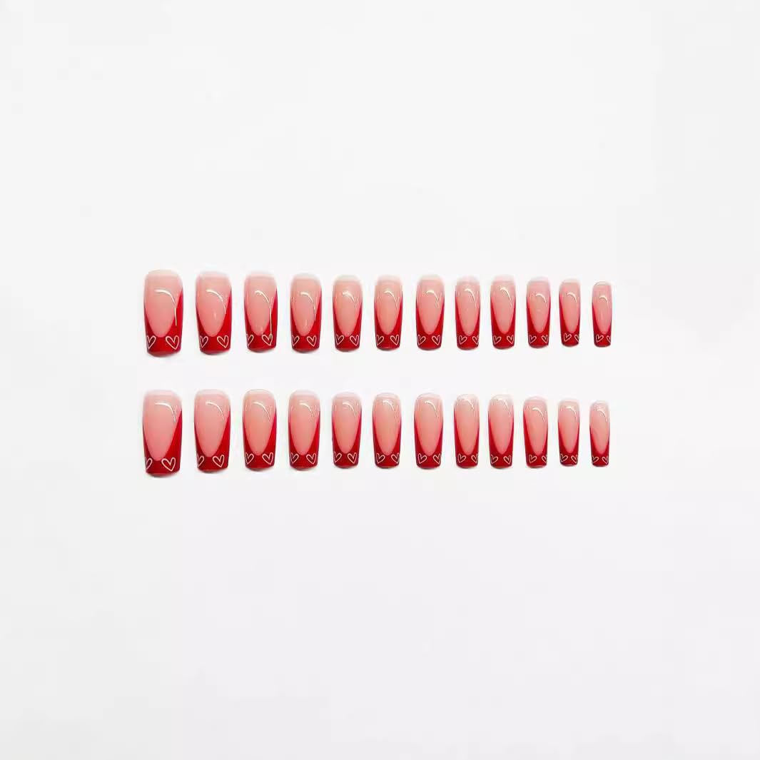 48Pcs Press on Nails & Toenails Set, Square Medium with Heart Design, French Tip, Red Fake Acrylic Nails Kit for Women Manicure