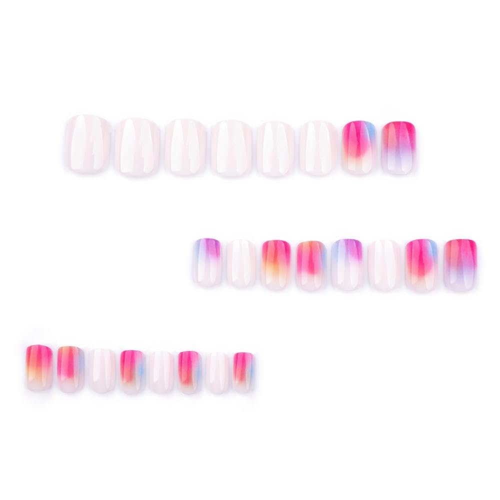 Ombre Pink Purple Press on Nails Short Square Fake Nails with Designs Gradient Orange False Nails Glossy White Stick on Nail Reusable Rainbow Summer Glue on Nail for Women Girls Manicure 24Pcs