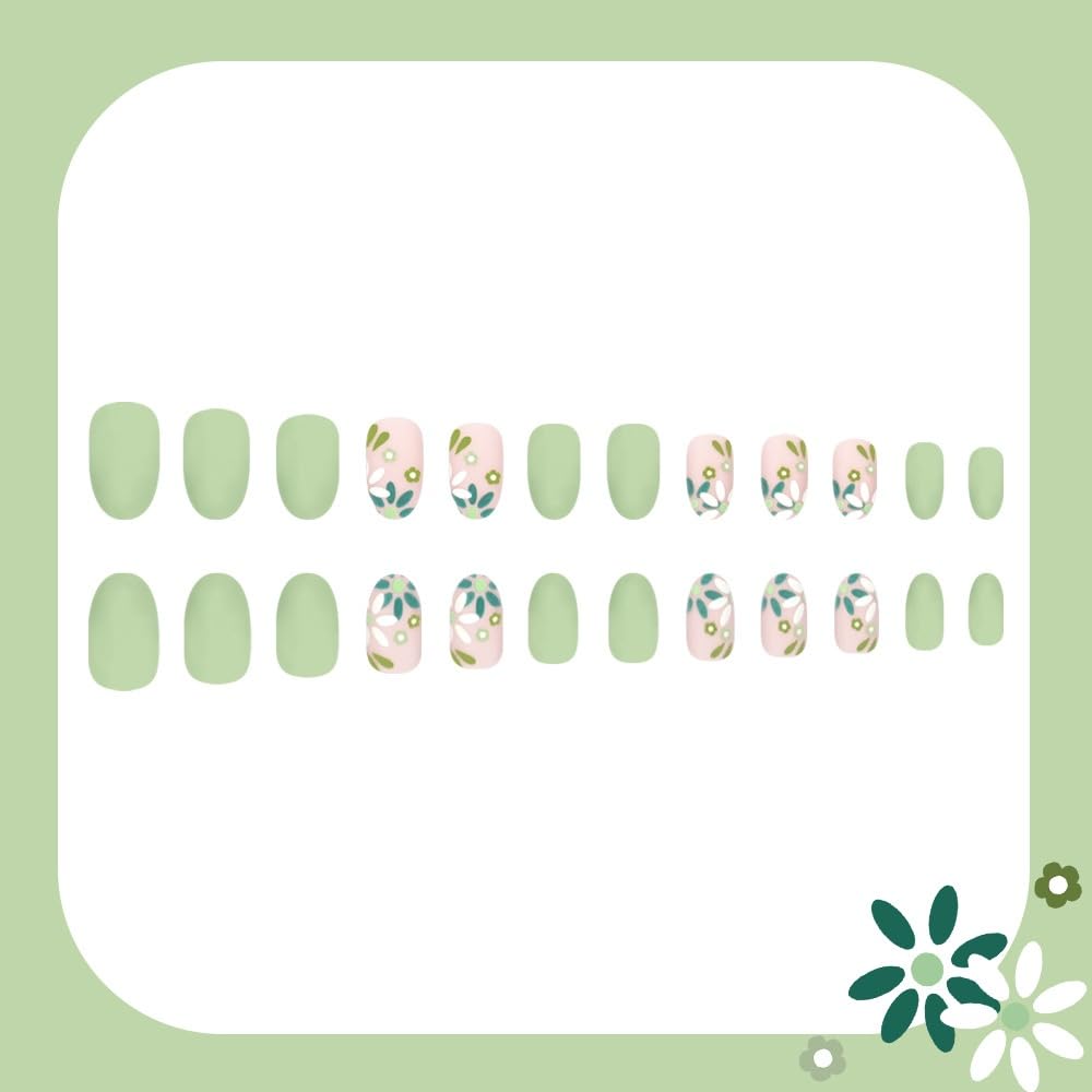 Almond Press on Nails Medium Fake Nails with Green Flower Design Glossy Full Cover Green False Nail Cute Floral Daisy Nail Press ons Reusable Spring Summer Acrylic Nail for Women Manicure 24Pcs