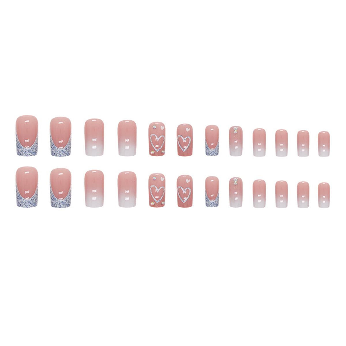Square Press on Nails Long Pink Ombre Glue on Nail Glitter French Tip Fake Nails with Heart Rhinestone Design Cute Nails Press ons Full Cover Stick on Nail for Women Girls Manicure 24Pcs