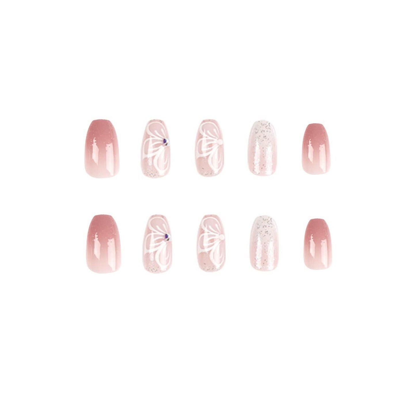 MISUD Press on Nails - Medium Coffin Glue on Nails with Pink Ombre, Acrylic Bling Glitter Design 24 pcs