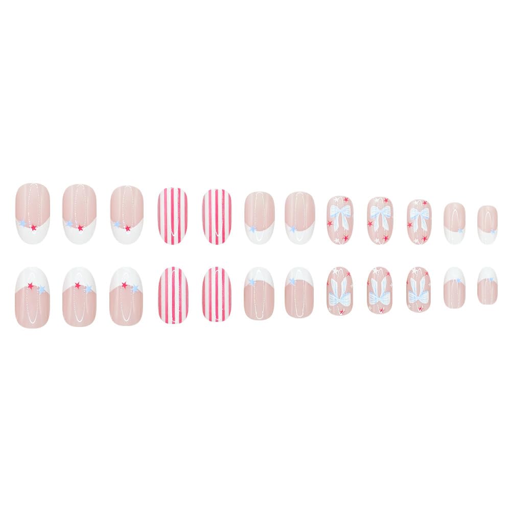 AWDSLUY 24Pcs Bow White French Tip Press on Nails Short Oval Fake Nails with Pink White Stripe Star Design Nude Pink Glossy False Nails Sweet Summer Blue Star Full Cover Stick on Nails for Women