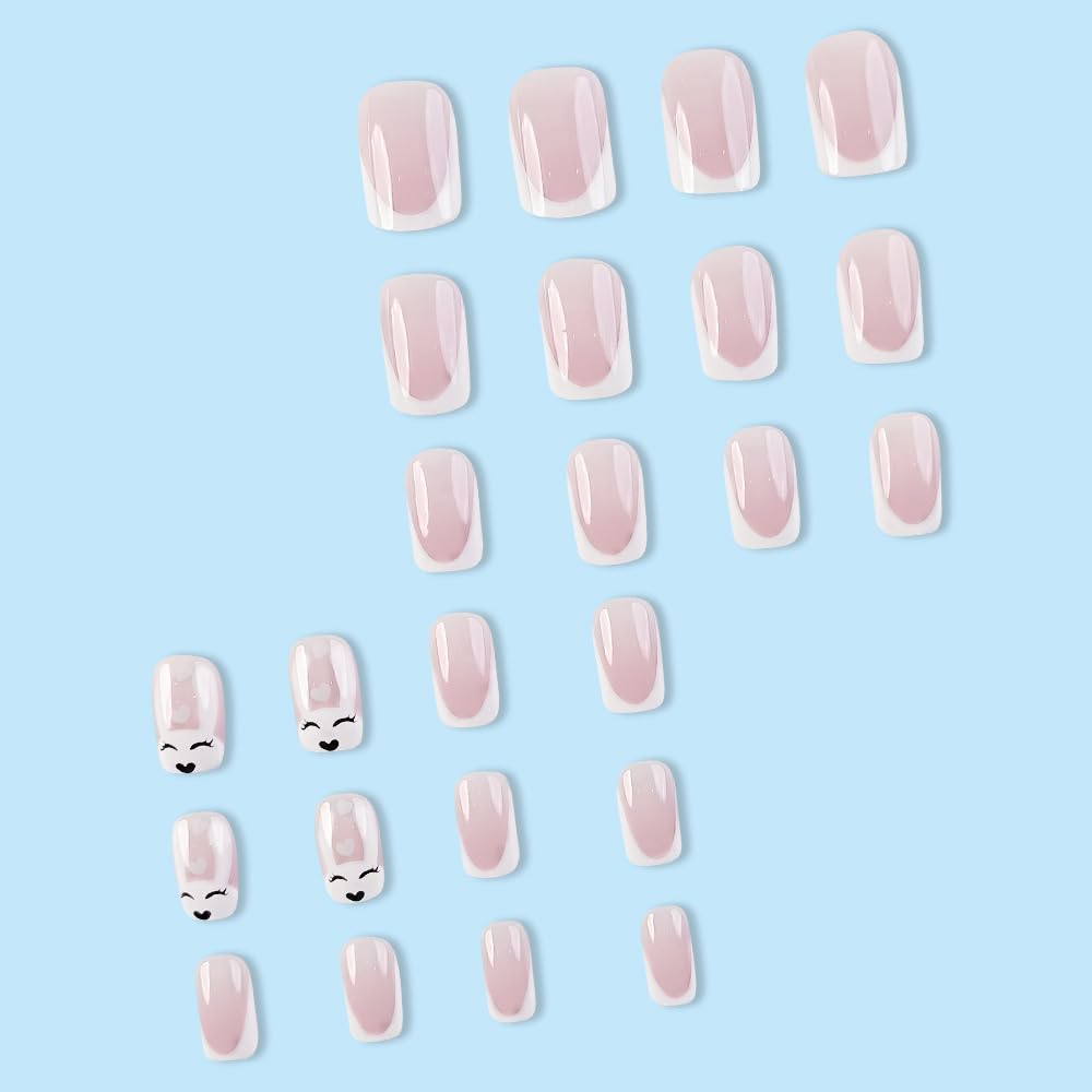 Easter White French Press on Nails Short Square fake Nails Cute White Rabbit False Nails with French Design Stick on Nails for Women Girls Manicure Decoration 24 pcs