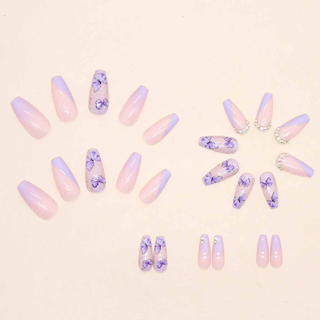 Foccna Purple Fake Nails Sequins Glitter Acrylic Butterfly Artificail Long Press on Rhinestone Nails, Purple Full Cover Fake Nails with Design Nail Tips for Women&Girls-24PCS