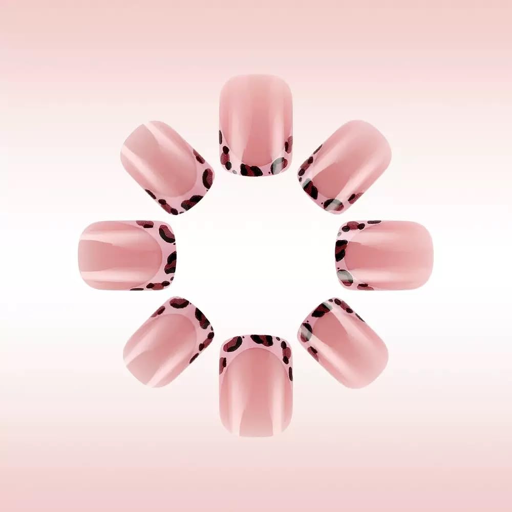CTTHNBD Short Press on Nails Square - French Tip Fake Nails with Black Bow Design - Leopard Print False Nails for Women 24 Pcs