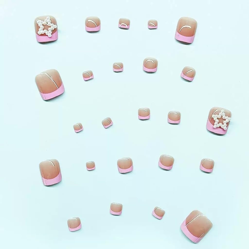 CTTHNBD Press on Toenails - Pink French Tip Fake Toenails with Star Design - Summer, Short Square Press on Toe Nails - for Women 24 Pcs