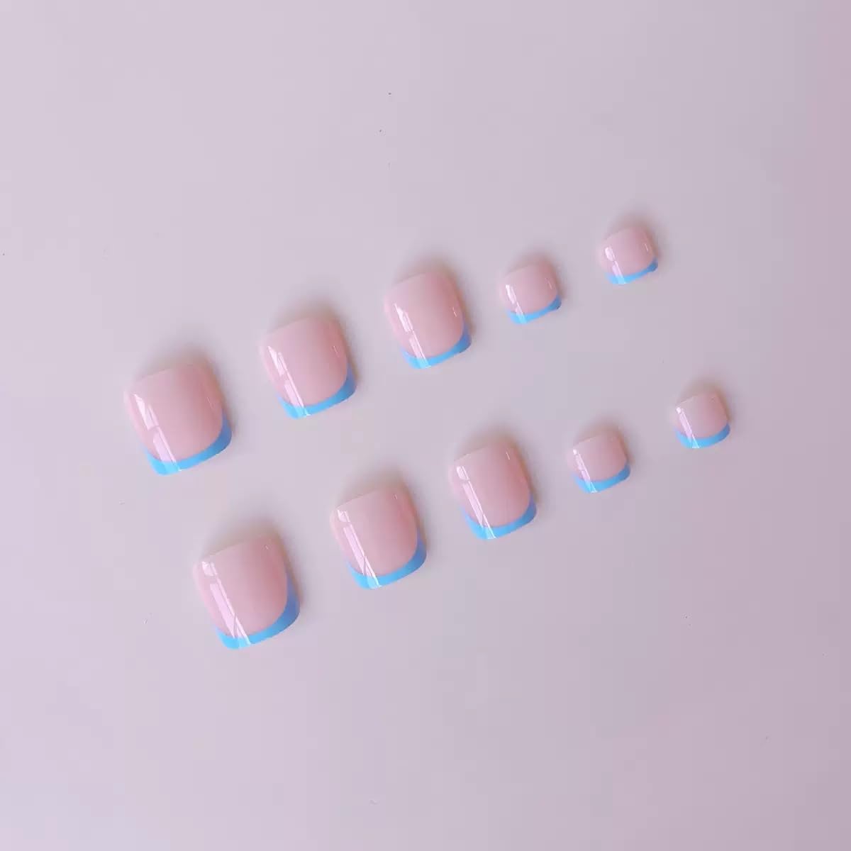CTTHNBD Medium Press on Nails & Square Press on Toenails Set, Blue French Tip Fake Nails, Glossy False Toenails - for Women 48 Pcs