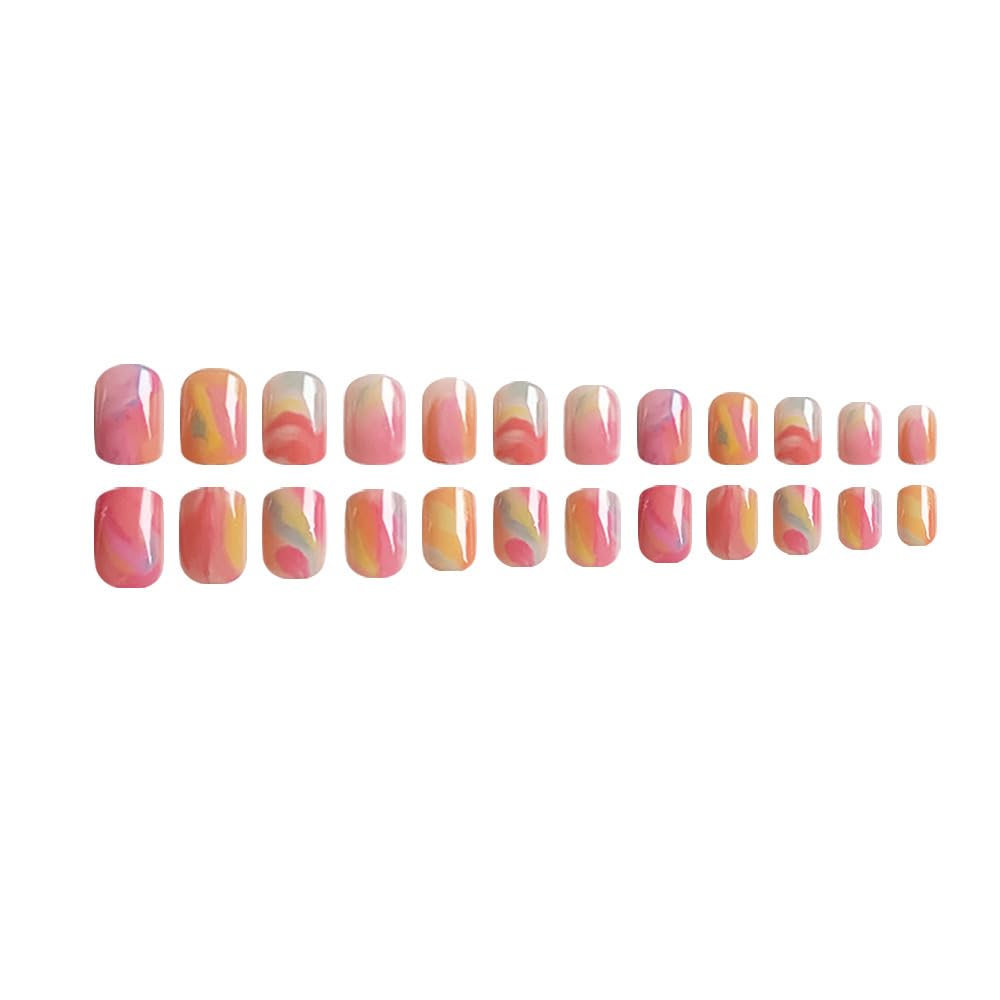 CTTHNBD Short Press on Nails Square - Ombre Fake Nails with Colorful Design - Cute, Glossy Stick on False Nails - for Women 24 Pcs