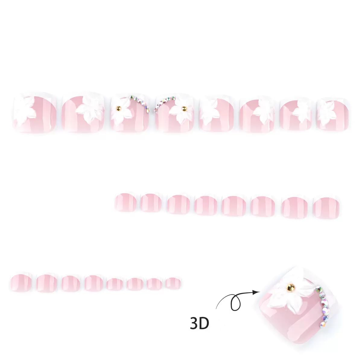 White French Tip Press on Toenails - Short Square Fake Toenails with Flwoer Design - Rhinestone, Summer Press on Toe Nails - for Women 24 Pcs