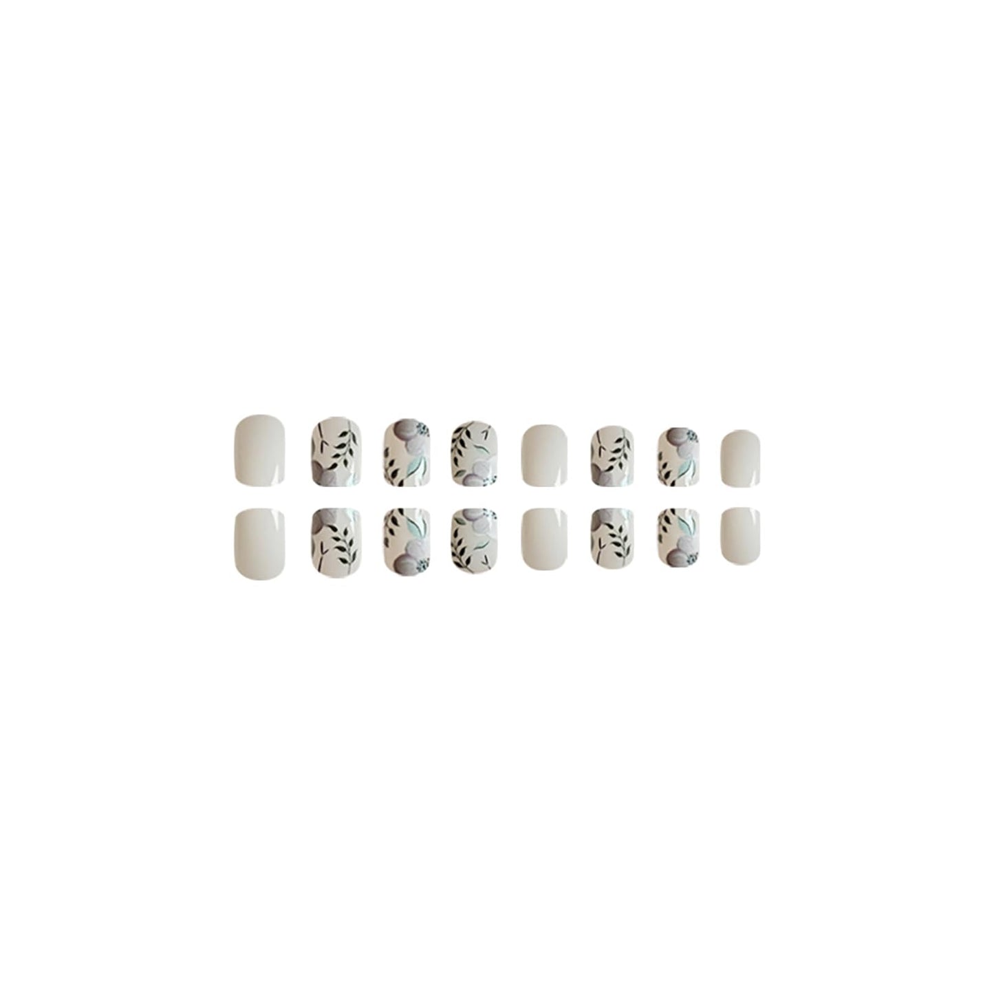 RTKHFZE Press on Nails Medium Square Fake Nails with Flower Leaf Designs White Acrylic Nails Green Full Cover Glue on Nails Glossy Artificial Nails Summer Stick on Nail for Women 24Pcs