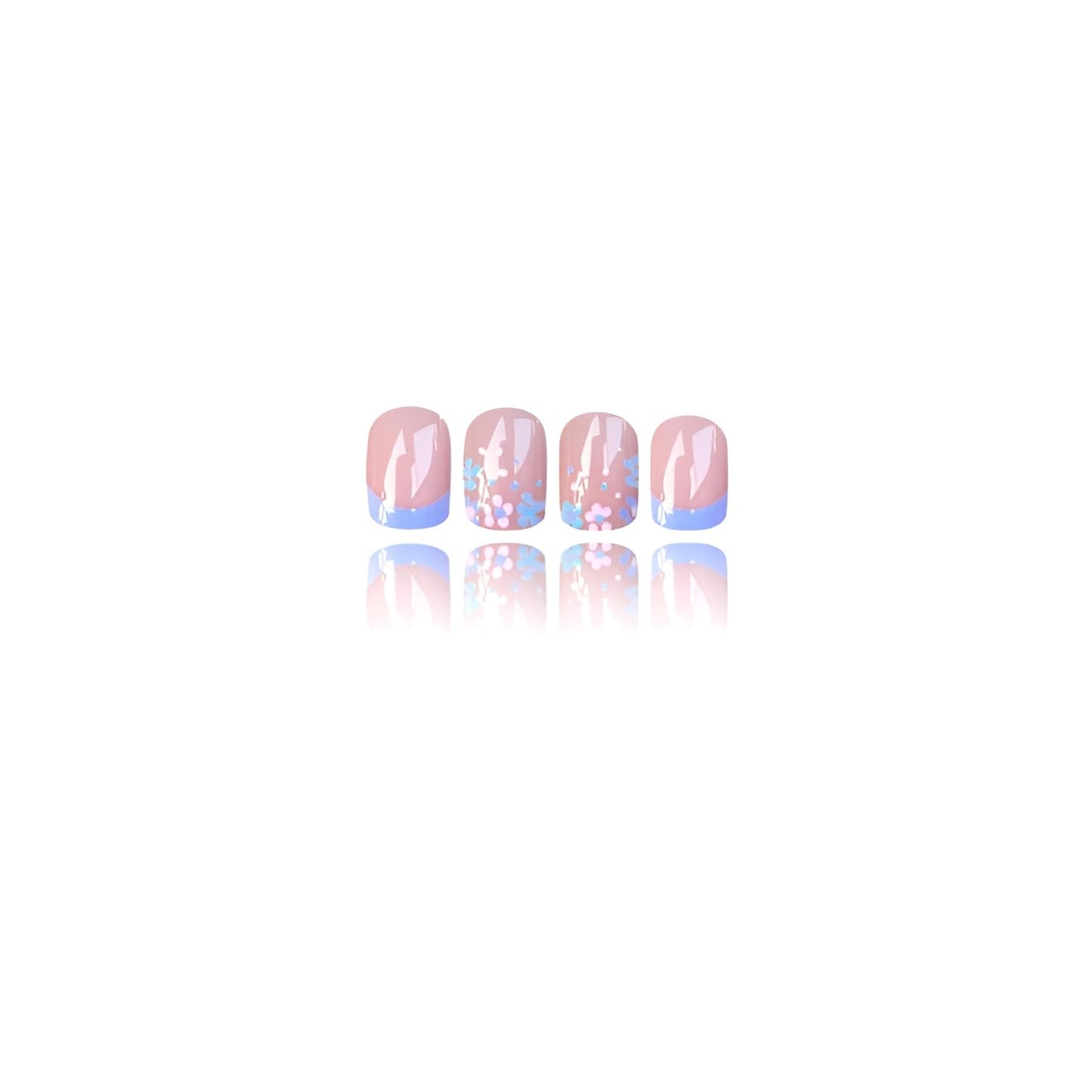 Flower Press on Nails Short Square Fake Nails French Tip Nails Press Ons Summer Spring False Nails Purple Blue Glue on Nail Glossy Full Cover Stick on Nail for Women Decorations Set 24Pcs