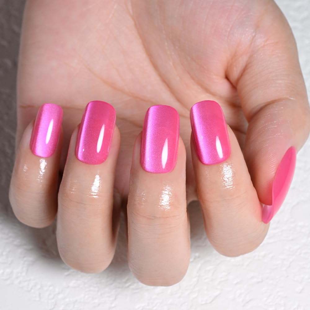 evpct Hot Pink Cat Eye Square Medium Press on Nails for Women, Rose Red Medium Square No Glue Stick on Nails with Cat Eye Design, Holographic Glossy Soft Nail, Reusable Press on Acrylic Fake Nail