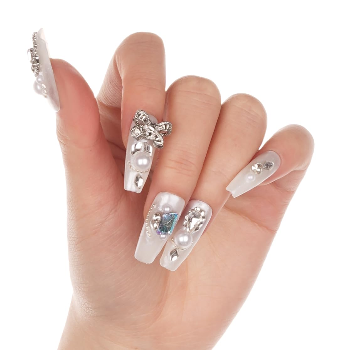 Ballerina Shaped Luxury Press on Nails - White Valentine | Valentine's Day Artificial False Nails Long Coffin, Glossy Fake Nails with 3D Pearls & Sparkling Diamond, Salon Quality Reusable Nails Kit