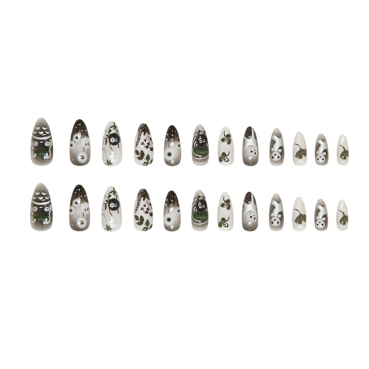 24Pcs Dark Press on Nails Medium Almond French Fake Nails Cute Pattern Design Full Cover Artificial Glue on Nails Almond Shape Acrylic Nails Cute Stick on Nails False Nails for Women DIY Tips