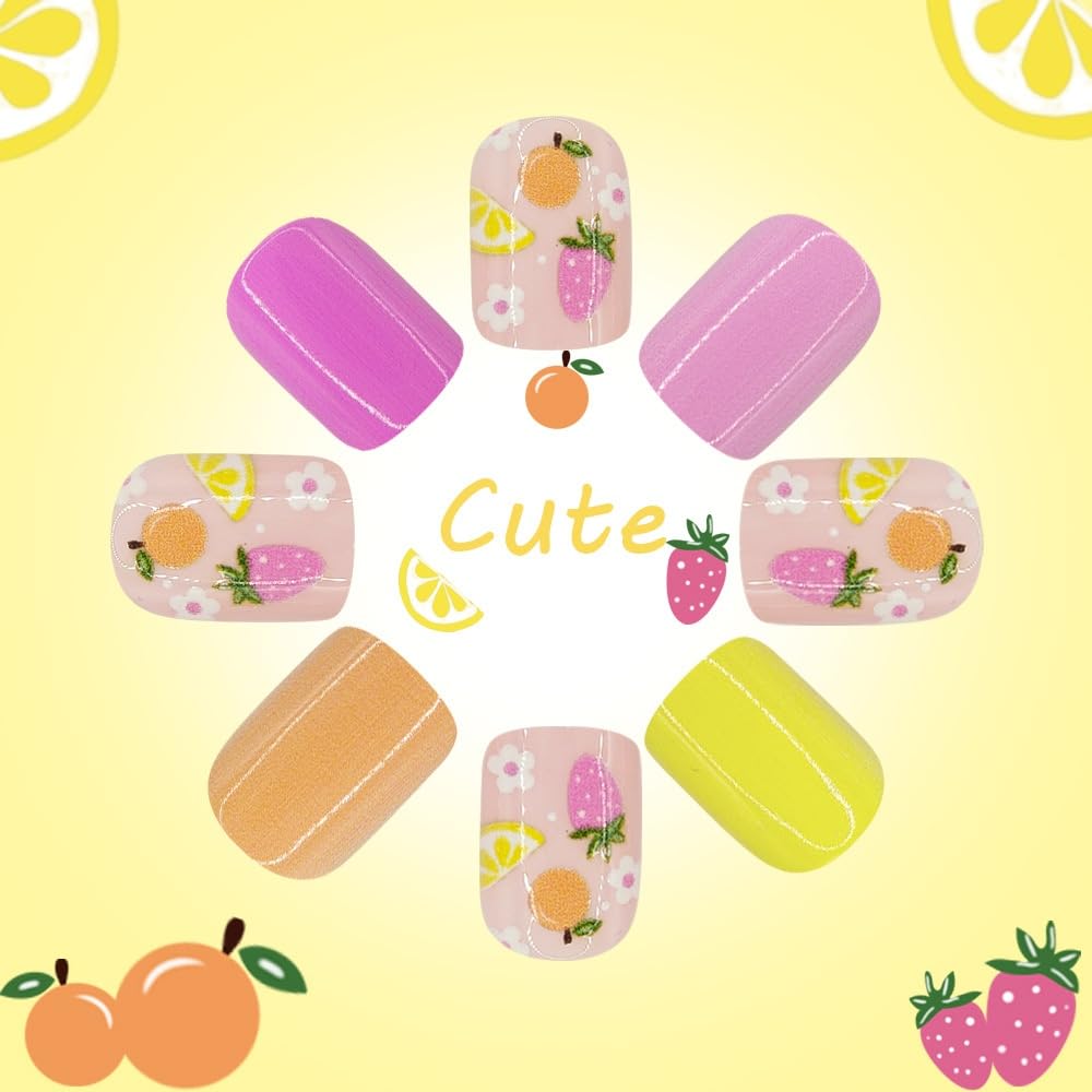 Pink Press on Nails Short Square Fake Nails with Flower Fruits Design Glossy Yellow Glue on Nails Orange Nails Press ons Reusable Full Cover Spring Summer Acrylic Nails for Women Manicure 24Pcs
