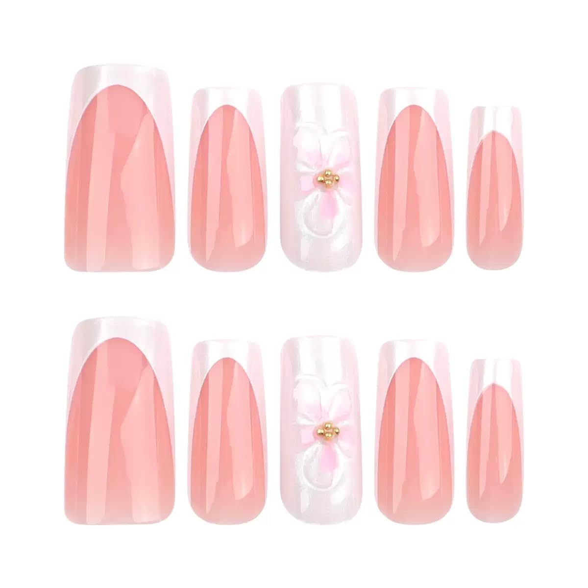 CTTHNBD Square Press on Nails - White French Tip Fake Nails with Flower Design - Ombre, Medium False Nails Press ons - for Women 24 Pcs