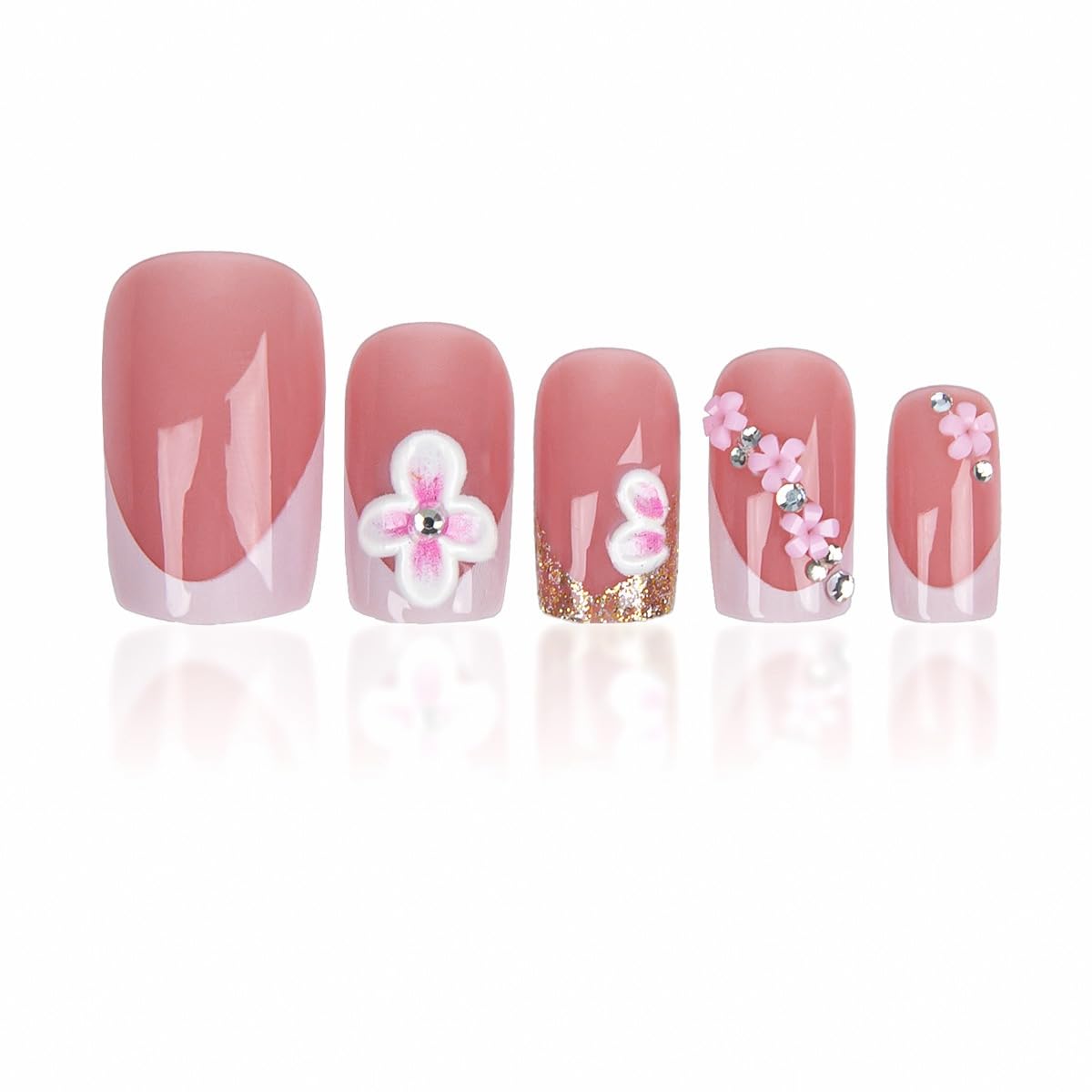 Medium Press on Nails Square - White French Tip Fake Nails with Flower Design - Floral Charms False Nails Press ons - for Women Manicure 24Pcs