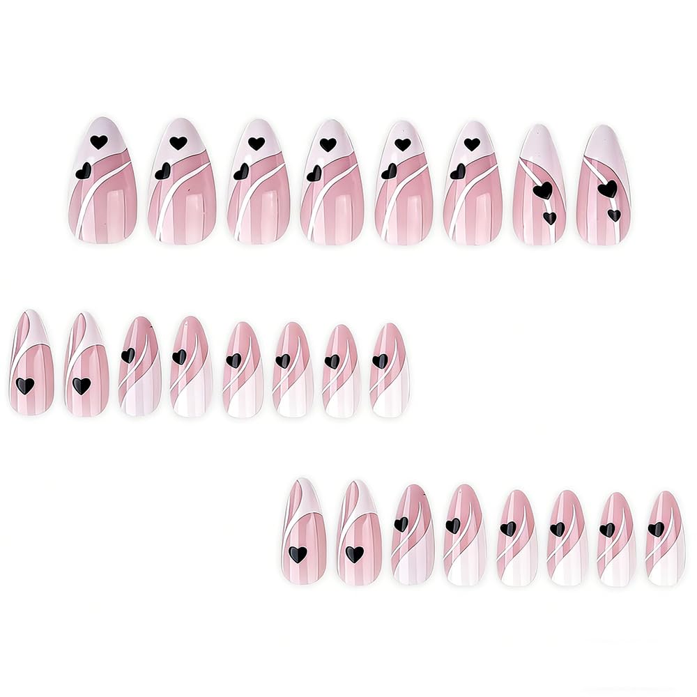 FJSMTOPl Valentine Press on Nails - Love Heart Fake Nails - Almond False Nails Press ons - French Tip Acrylic Glue on Nails - Artificial Stick on Nail for Women Manicure 24 Pcs