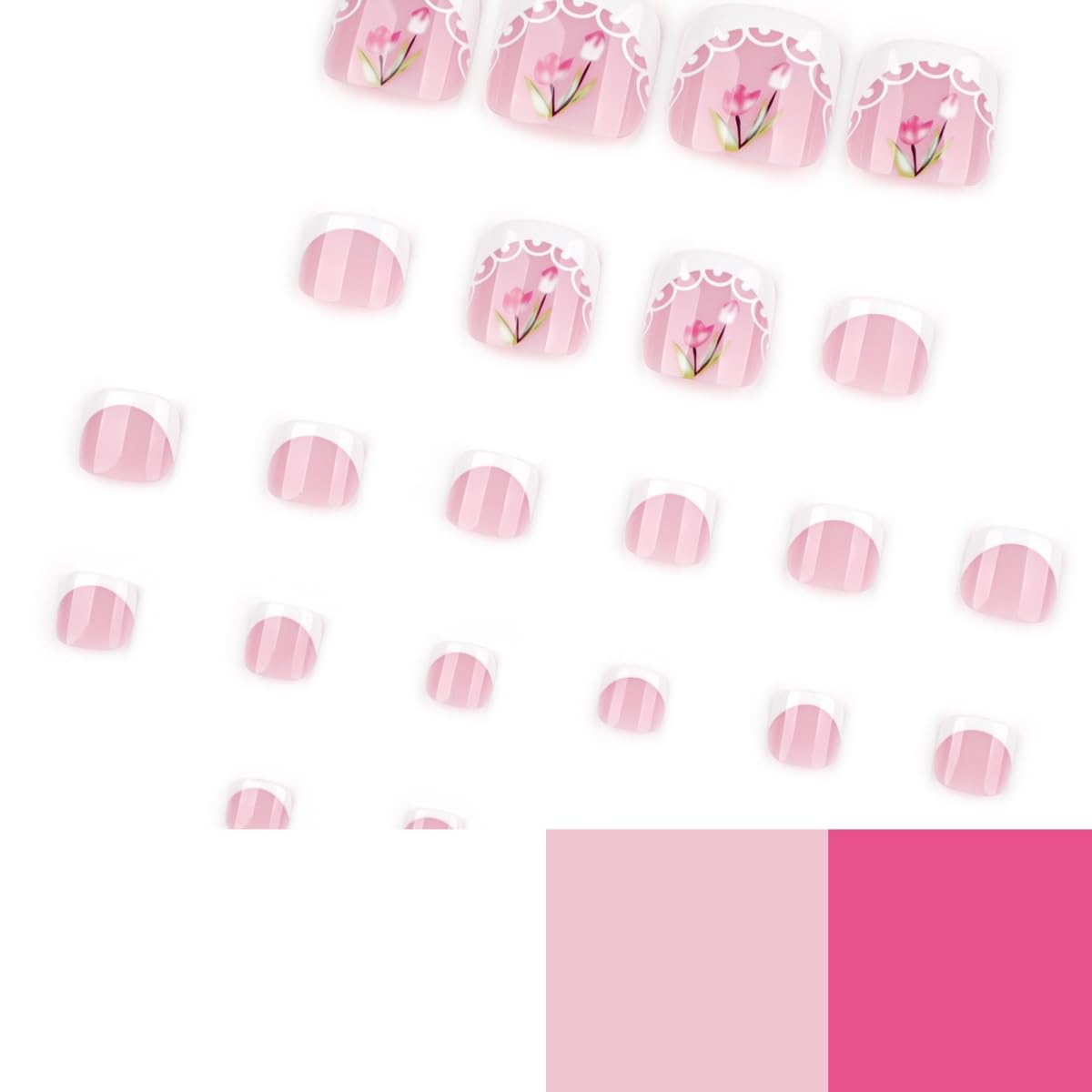 PEPFTG White French Tip Press on Toenails Short Square Fake Toenails with Flower Design Stick on Nails Pink Toe Nail Press Ons Glossy Summer Acrylic Glue on Toenail for Women Manicure 24Pcs