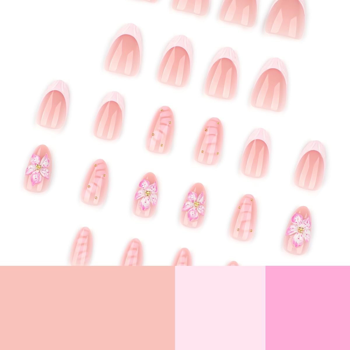 3D Press on Nails Pink Flowers & Alligator Design Short Almond Fake Nails French Tip False Nails Full Cover Glossy Spring Summer Stick on Nails for Women 24PCS