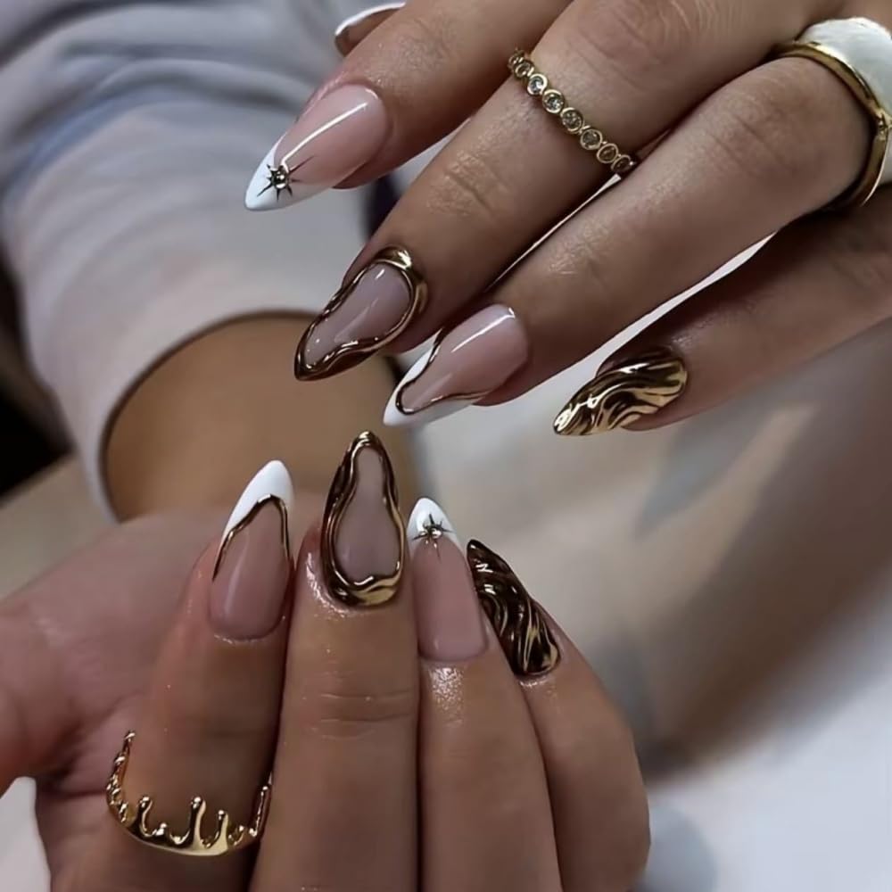 Medium Almond Press on Nails French Tips Nails Press on with 5D Star Charm Design Glossy Gold Lines Glue on Nails Metallic Golden Fake Nail Full Cover Pink False Nail for Women Manicure 24Pcs