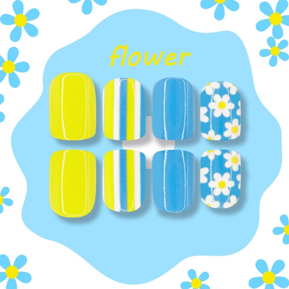 Flower Press on Nails Short Square Fake Nails with White Floral Design Glossy Blue Glue on Nails Yellow Striped Nails Press ons Reusable Full Cover Spring Summer Acrylic Nails for Women Manicure 24Pcs