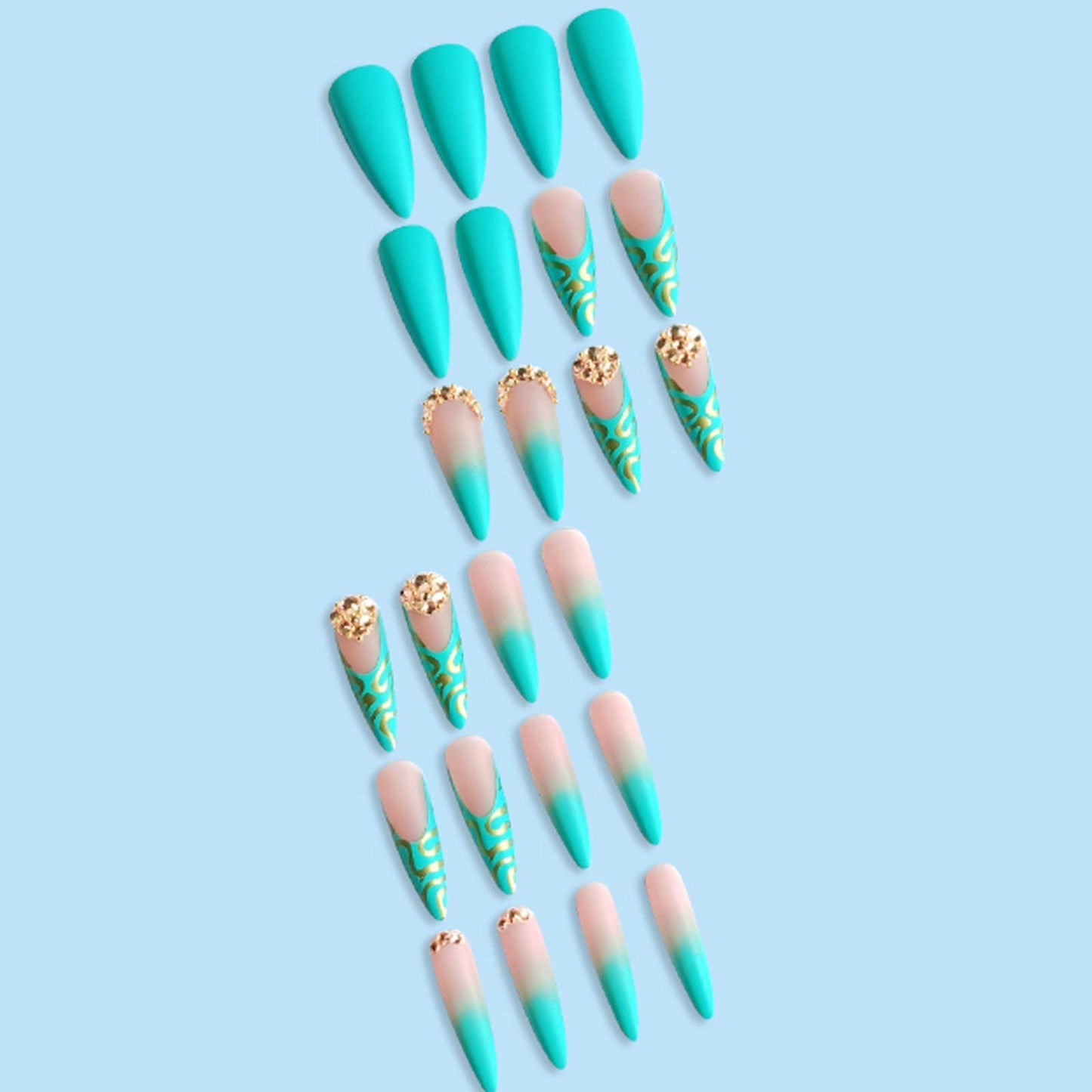 Hkanlre French Fake Nails Green Press on Nails Long Stiletto Acrylic False Nails Full Cover Rhinestones Nails for Women and Girls 24PCS