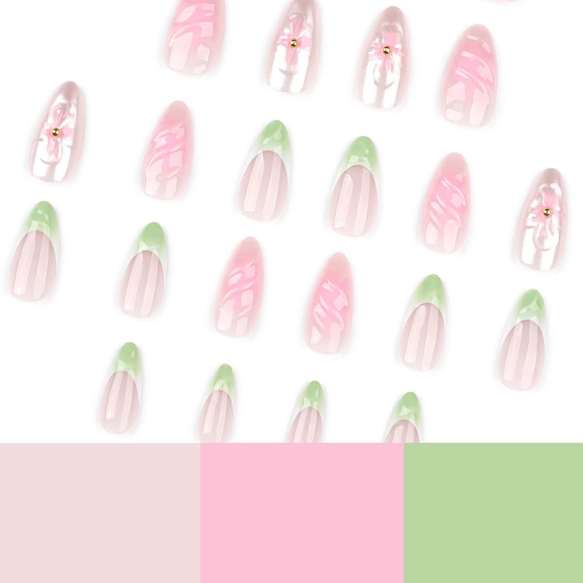 Pink Green Press on Nails Medium Almond Fake Nails French Tip Nails Press ons with 3D Flower Design Reusable Artificial Nails Full Cover Stick on Nails for Women Manicure 24Pcs