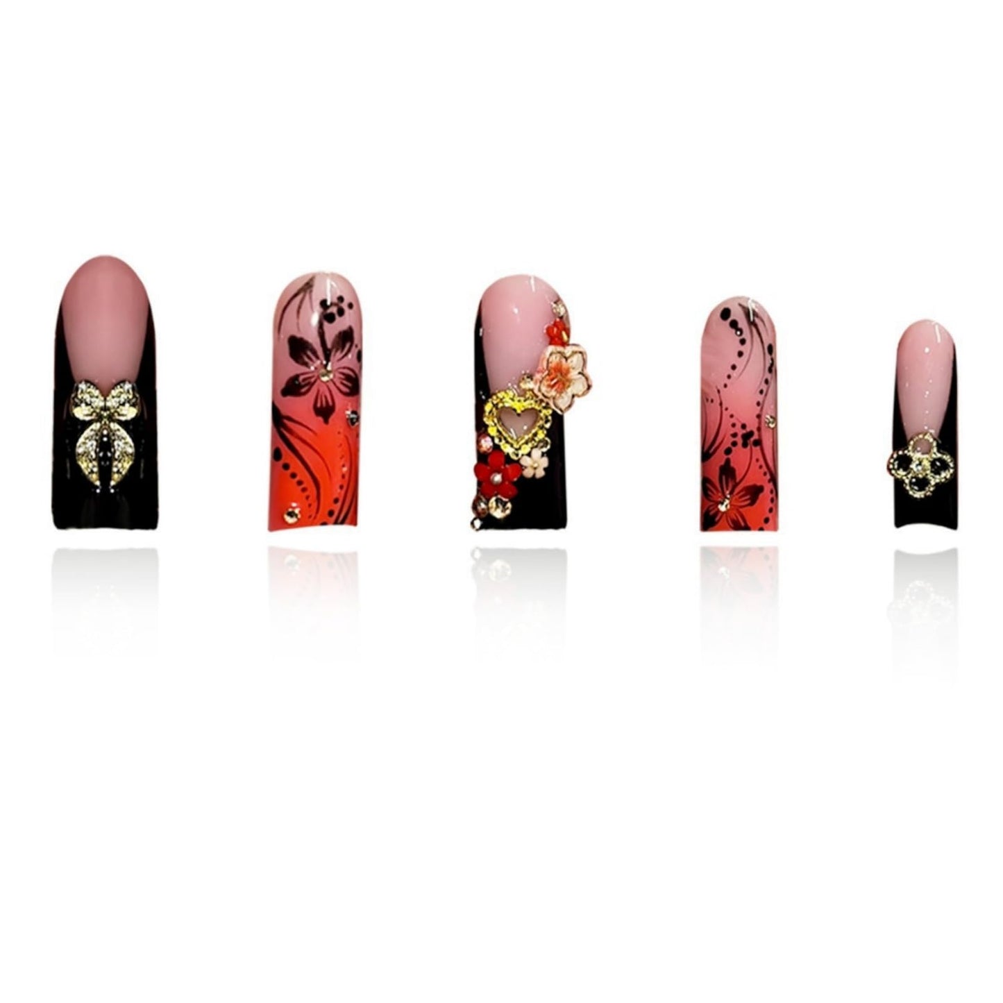 Long Press on Nails Square Fake Nails Red French Artificial Nail with 3D Flowers and Gold Charm Designs Cute Fall Nail Glossy Stick on Nails for Women 24pcs