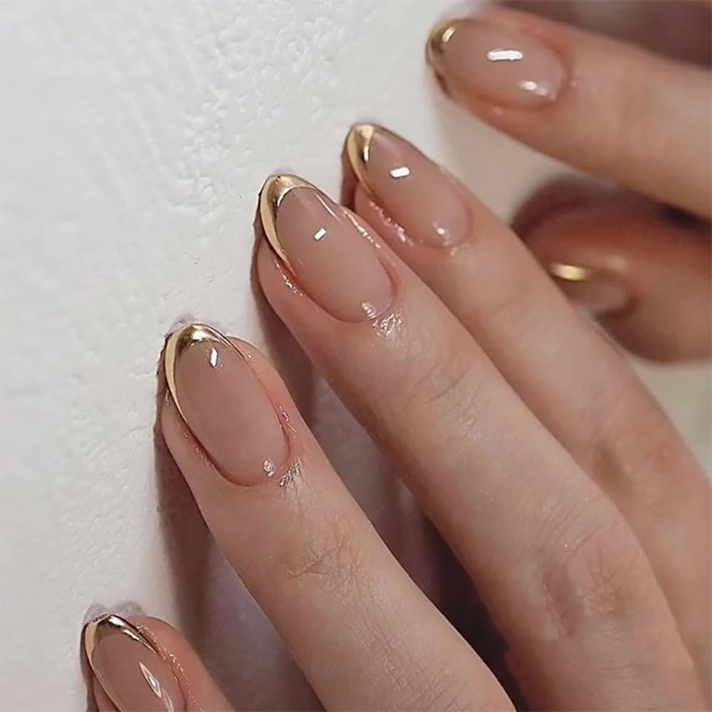 Stbisen Almond Press On Nails Short, Pink Fake Nails with Elegantly Crafted Gold French Tips, Glossy Gel Finish, Thick Natural Reusable Glue On Nails Kit for Women 24Pcs, Golden French Chic