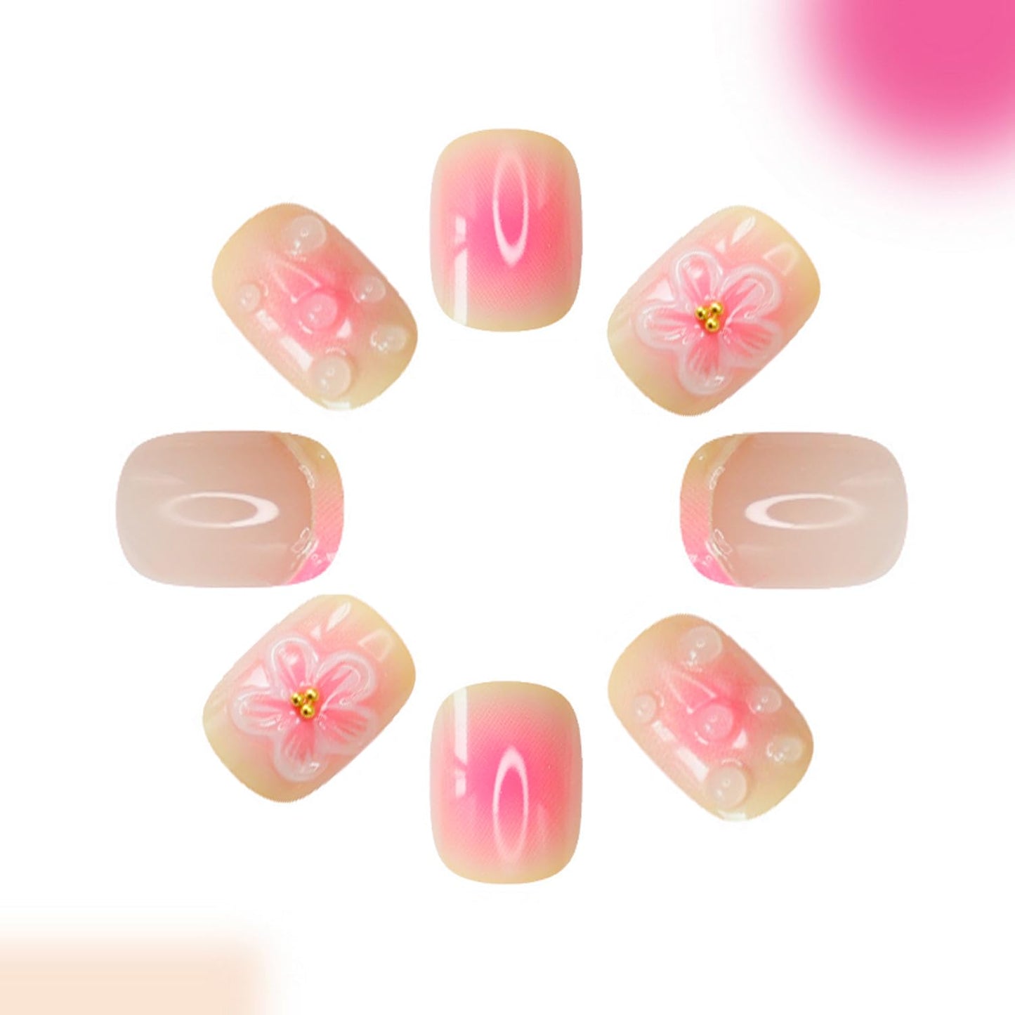 3D Short Square Press on Nails French Tip Fake Nails Pink&Yellow False Nails with Flower Water Drop Designs Glossy Glue on Nails Floral Stick on Nail for Women Girls 24Pcs