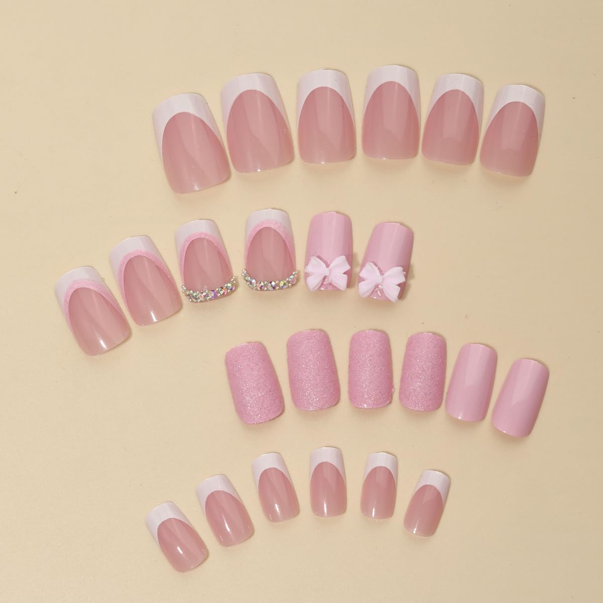 French Tip Press on Nails with Charms Short Fake Nails, French Nails Press ons Cute Pink Bow Stick on Nails Medium Square Shape Glossy Sparkly Full Cover Glue on Nails for Women Daily Wear 24 pieces