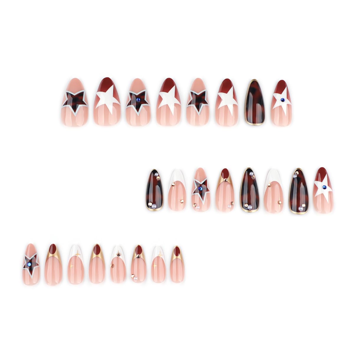 HPYFOI Press on Nails Medium Almond - Y2K Star & Brown Tortoise Fake Nails,French Tip Reusable Glue on Nails for Women Manicure 24Pcs