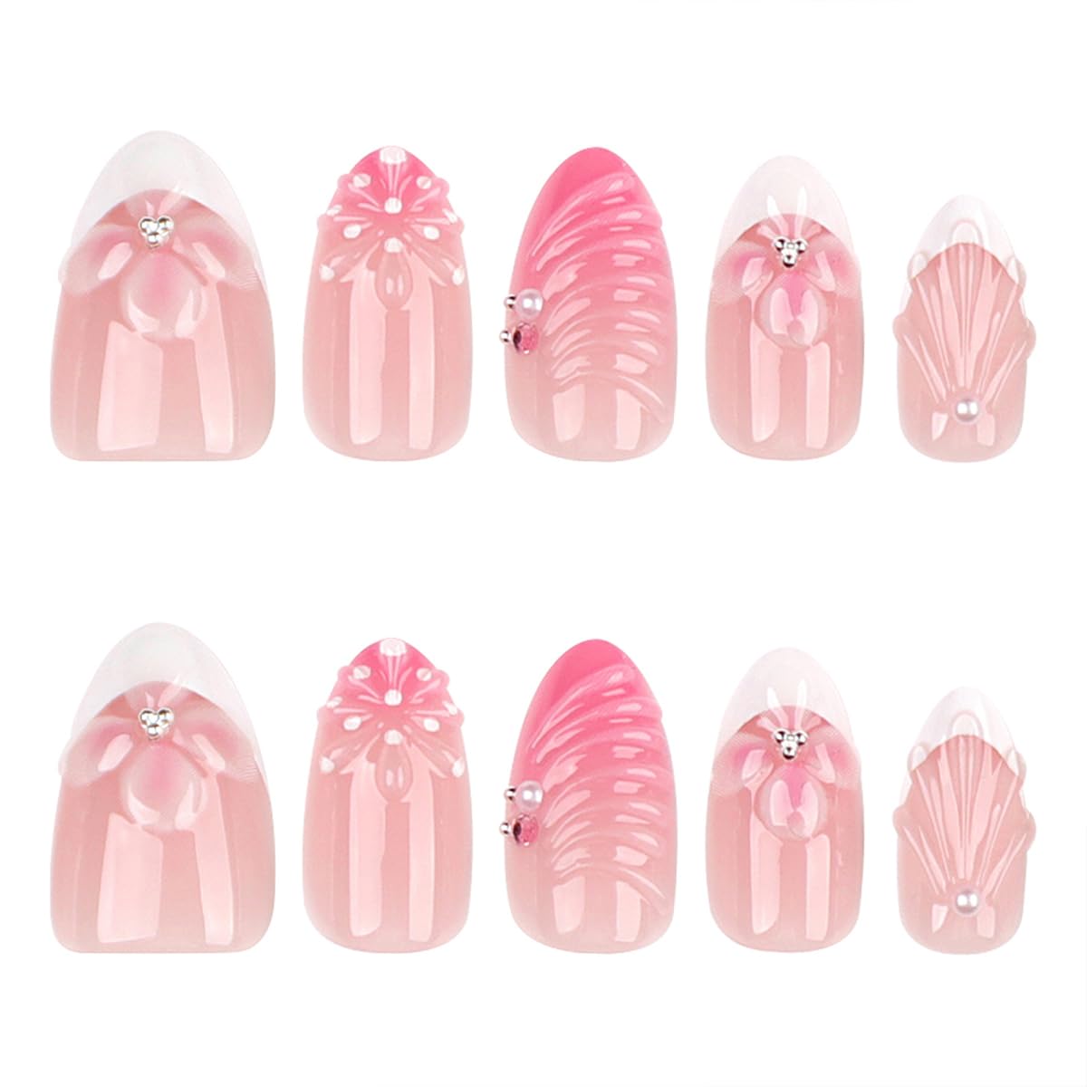 3D Flower Press on Nails Short Almond Fake Nails Press ons Summer White French Tip False Nails with 3D Pearl Conch Stripe Design Nude Pink Stick on Nails for Women 12 Sizes-24 Pcs Nail Kit