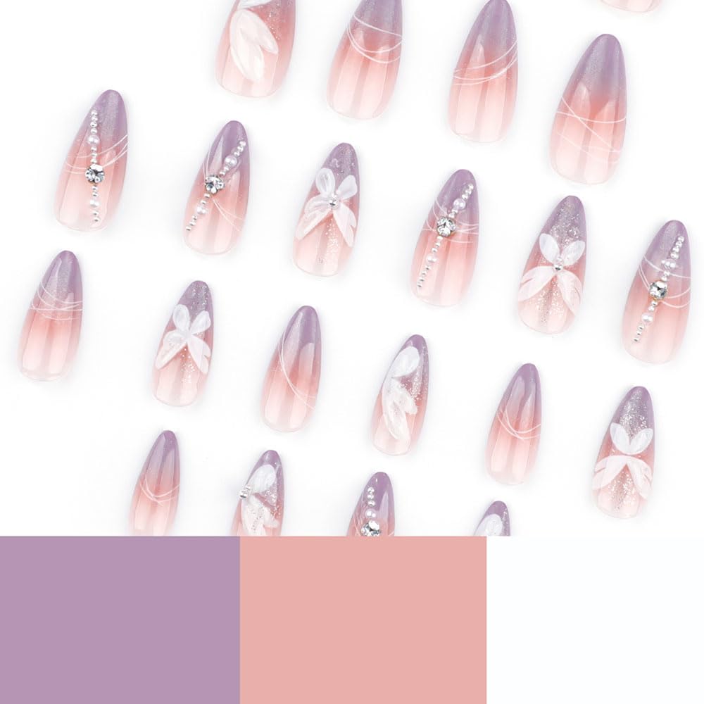 24Pcs Medium Almond Press on Nails - Pink Glitter Gradient Fake Nails with 3D White Butterfly Rhinestone Pearl Design Glossy Full Cover Acrylic Nails Reusable False Nails for Women Wedding Daily Wear