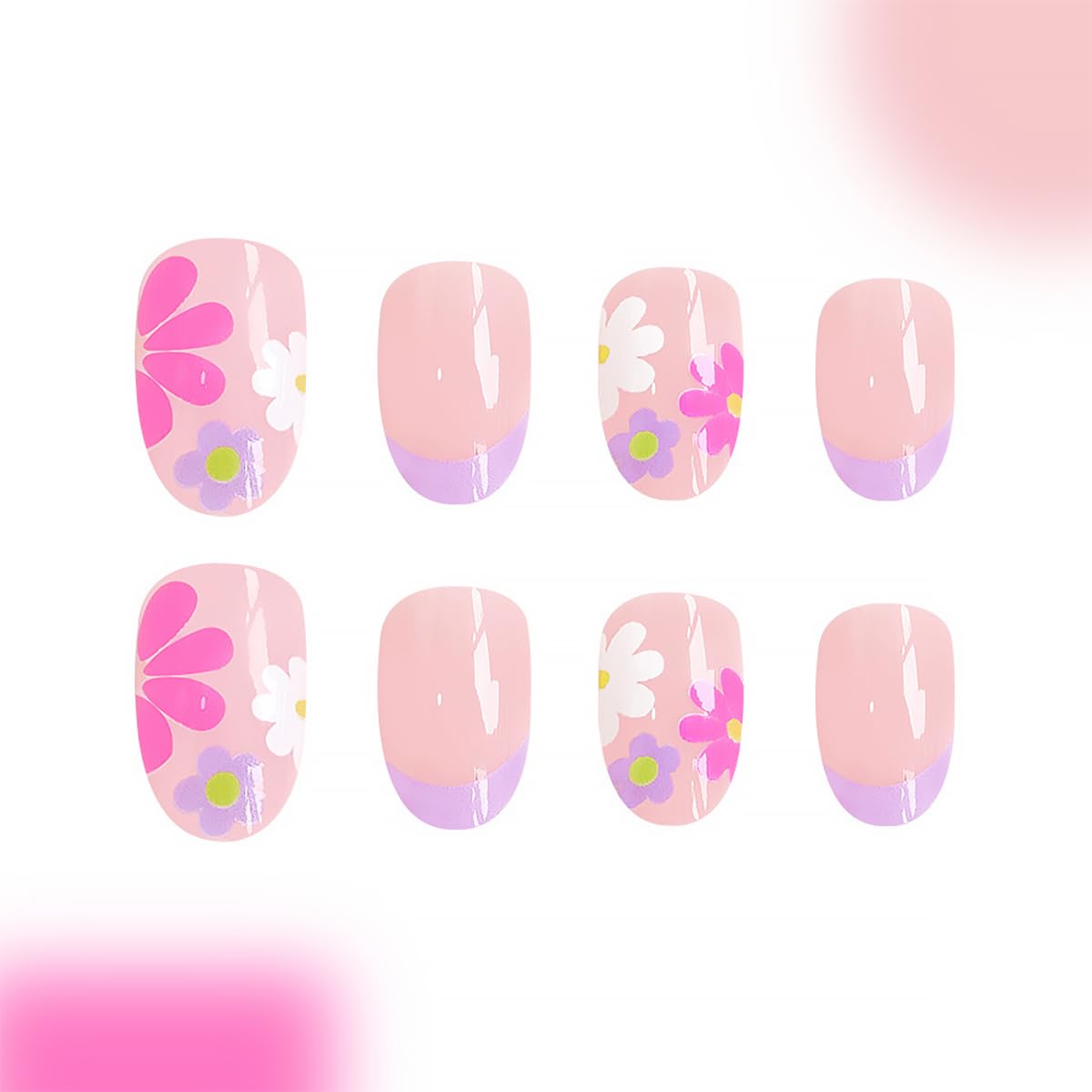 24Pcs Pink Press on Nails Short Almond Fake Nails Nude Pink with Nail Tips Manicure Design Summer Flower False Nails Stick on Nails Full Cover Artificial Glue on Nails for Women Acrylic Manicure Salon