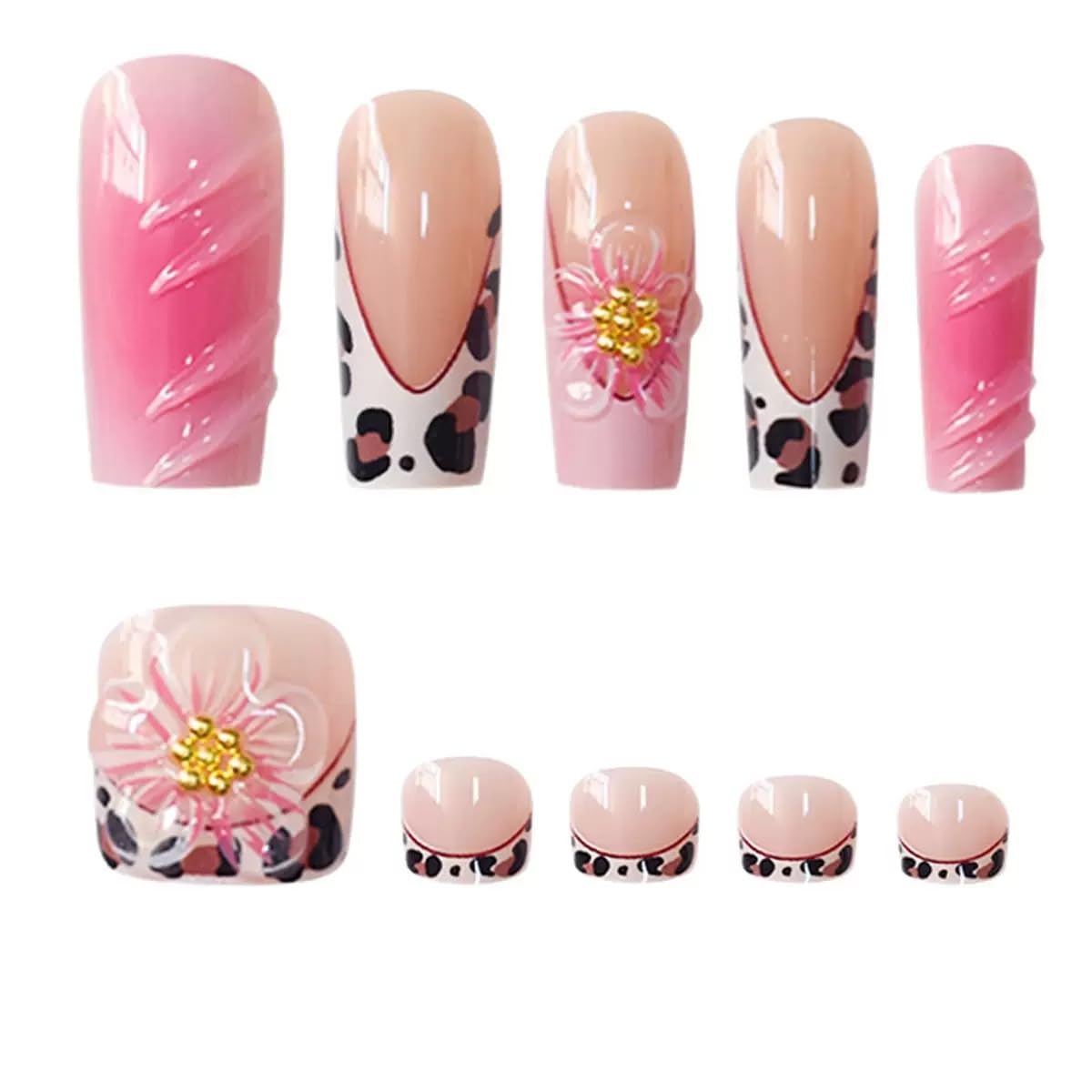 48Pcs Square Press on Nails Medium & Press on Toenails Set, French Tip Press on Nails with Leopard Print Design Fake Nails 3D Flower Press on Toe Nails for Women Manicure Kit