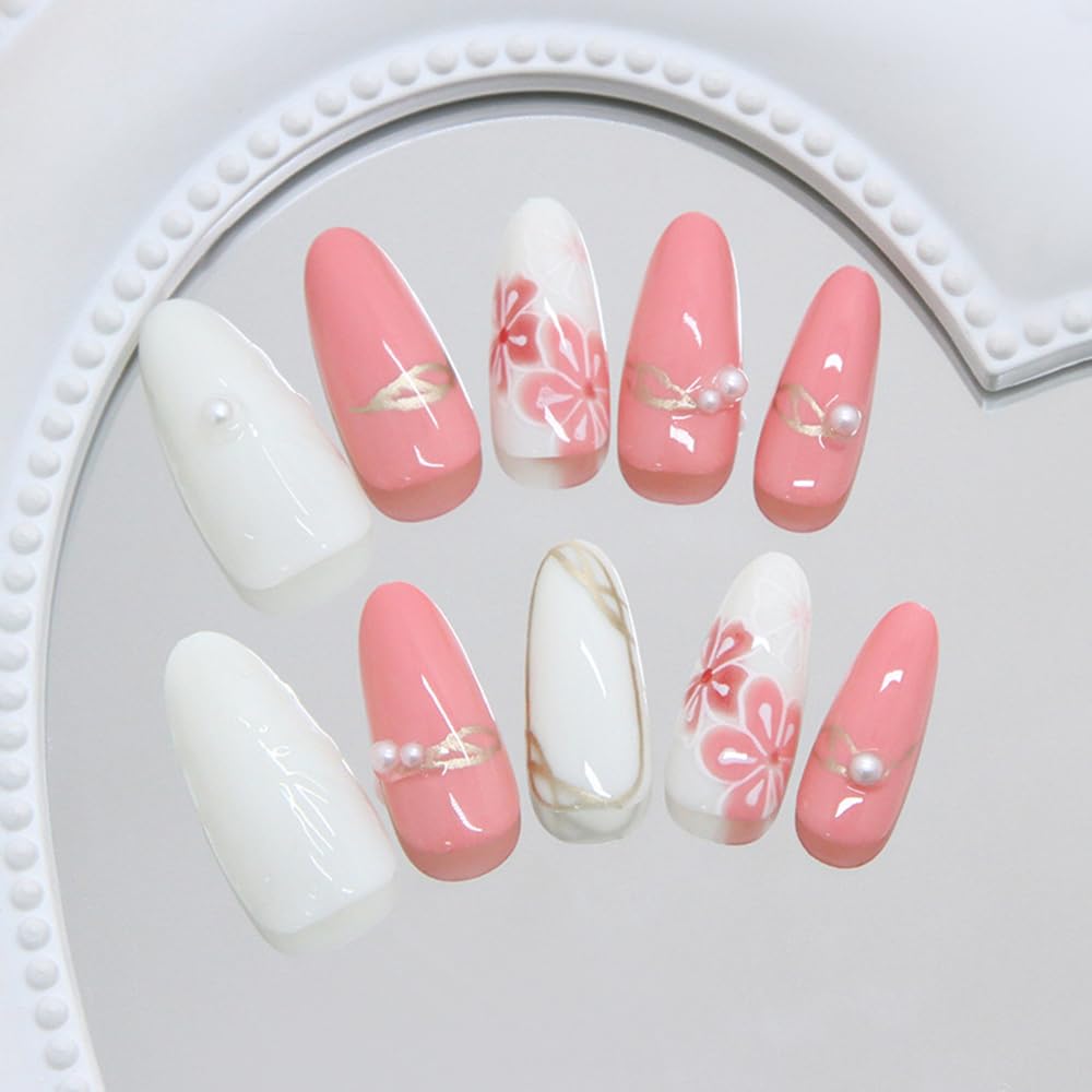 24 Pcs Summer Press on Nails Short Almond,MINGCHUN White Pink Fake Nails Press ons Acrylic Nail Art Tips Kit Full Cover False Nails Glue on Nails with Flowers Gilded Design for Women Nail Supplies