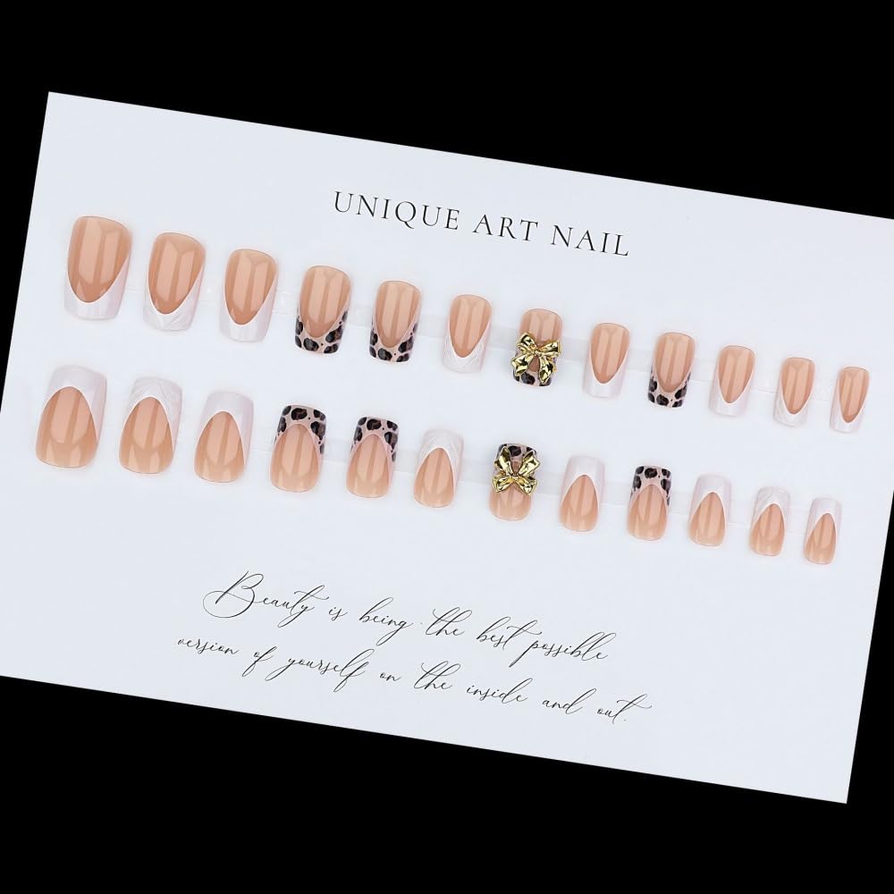Leopard Prints French Tips Press on Nails Medium Square Fake Nails with 5D Gold Bow Design Water Ripple Glue on Nail Glossy White Nails Press ons Reusable Acrylic Nail for Women Manicure 24Pcs