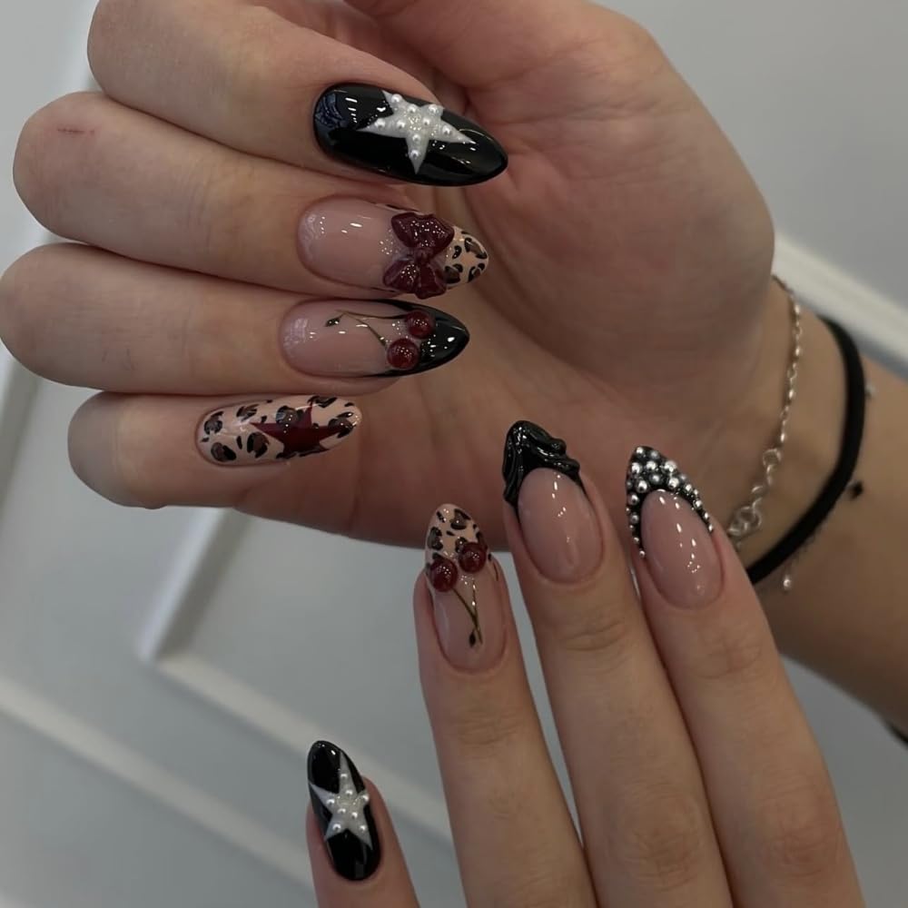 French Tips Press on Nails Medium Almond Fake Nails with 5D Bow Charm Design Glossy Leopard Prints Star Nails Press on Reusable Pearl Cherry False Nail Spring Summer Nail for Women Manicure 24Pcs