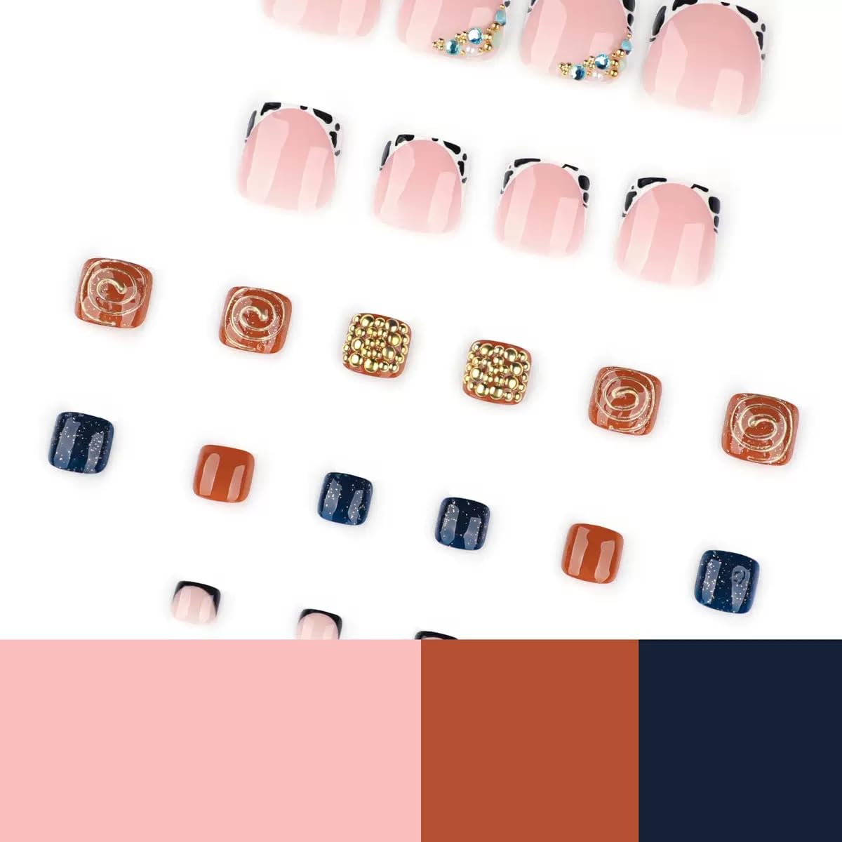 CTTHNBD Press on Toenails - French Tip Fake Toenails with 3D Gold Design - Shiny, Short Square Press on Toe Nails for Women 24 Pcs