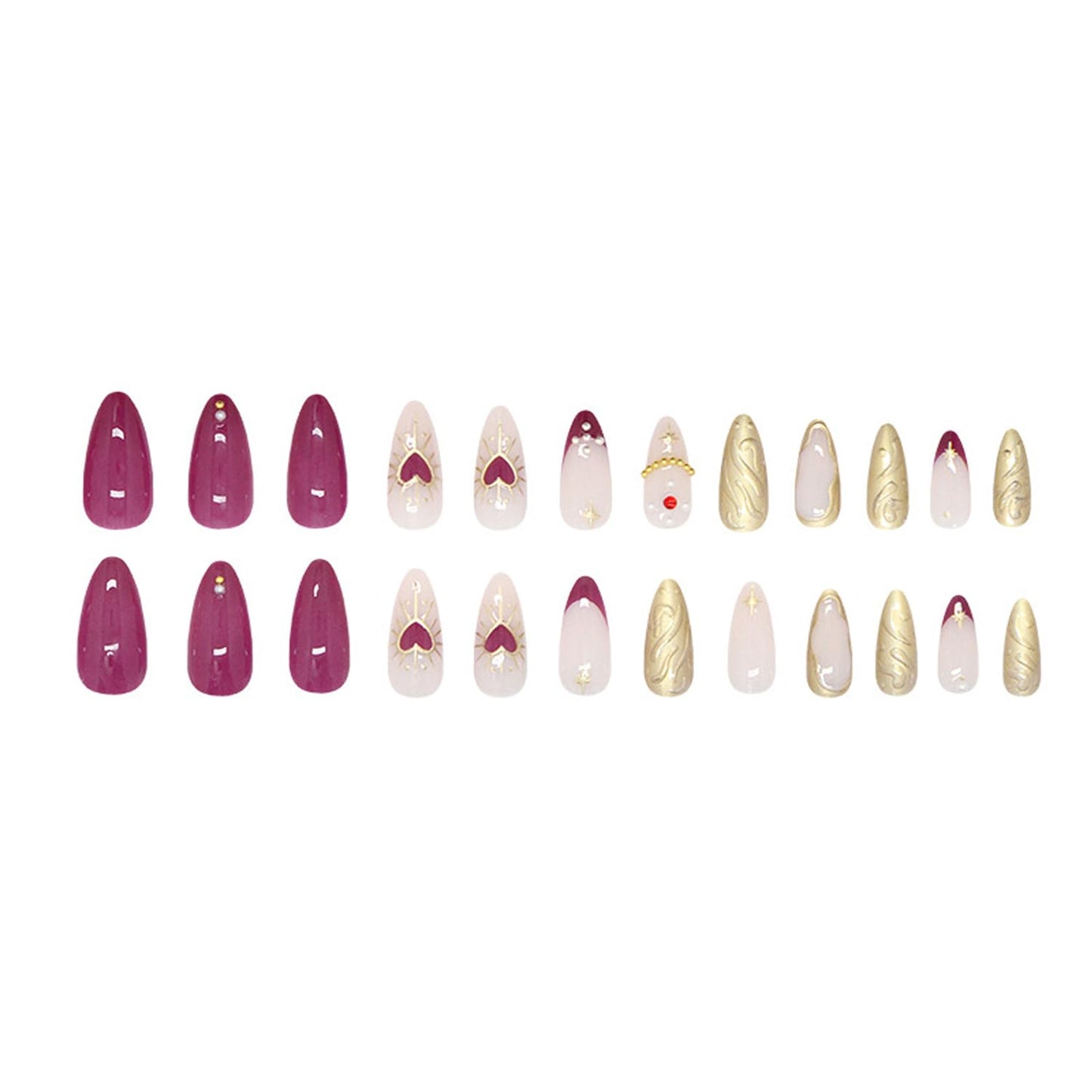 24Pcs Purple Press on Nails Medium Almond Fake Nails 3D Ripple Star Heart Pearl Design Removable Oval Press on Y2K Gold French False Nails Full Cover Glue on Nails Glossy Artificial Nails for Women