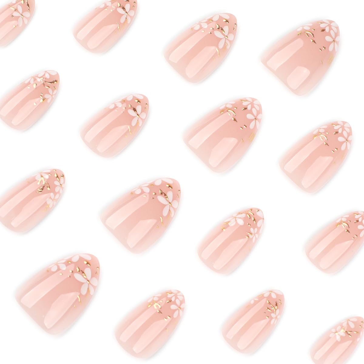 Flower Press on Nails Short Almond Fake Nails Spring Nails Press ons with White Floral and Gold Leaves Design Reusable Artificial Nail Full Cover Stick on Nails for Women Manicure 24Pcs